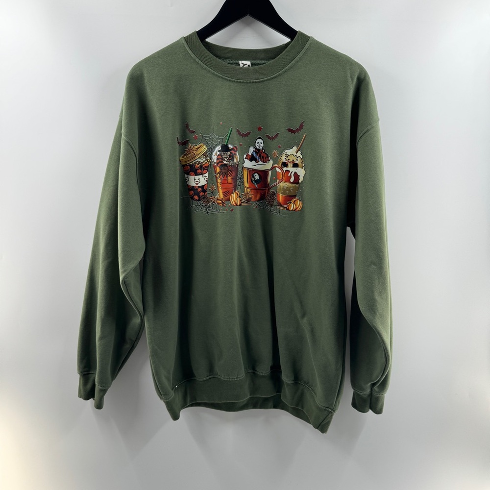 Etsy Halloween Serial Killer Frappuccino Green Crewneck Sweatshirt Size Large